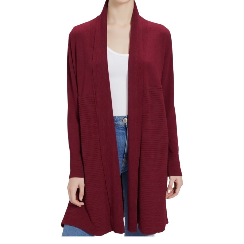 89th + Madison Red Burgundy Open Front Long Duster Cardigan Size Small